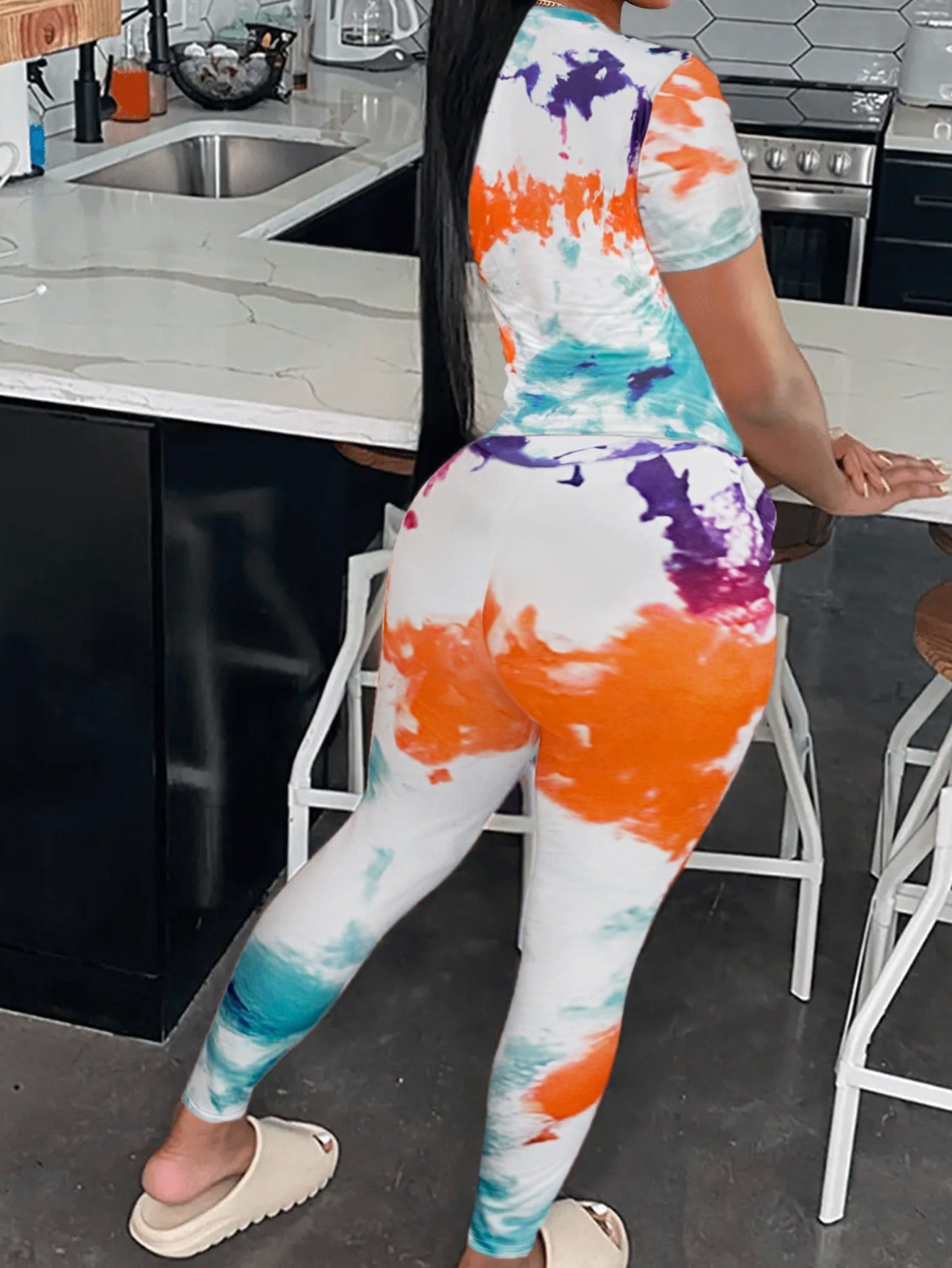 Teddy Bear Print Tie Dye Pants Set Spring Cartoon Short Sleeve Round Neck Two Piece Suit Daily Outfits Tracksuits