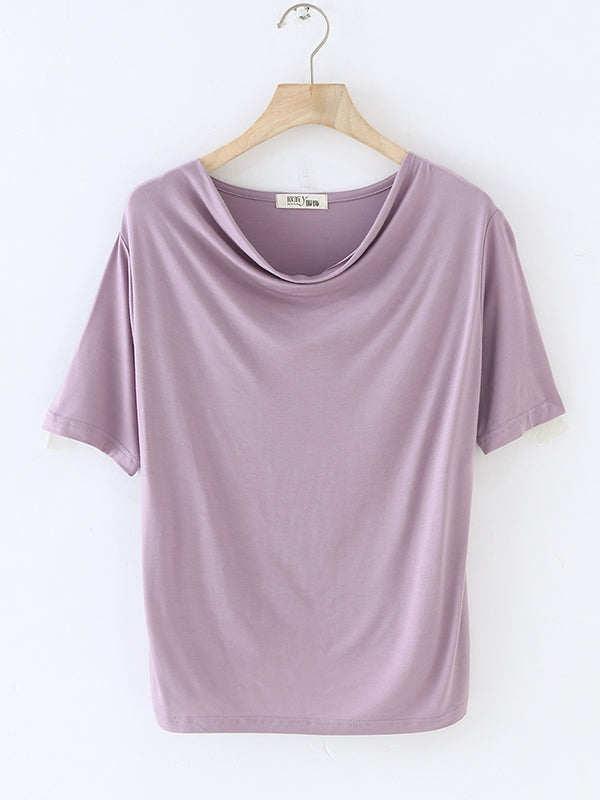 Short Sleeves Pleated Color Heaps Collar T-shirts Tops