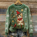 Women's Vintage Christmas Cat Embroidery Art Comfort Plush Sweatshirt