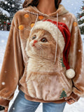 Cute Christmas Cat Embroidered Cozy Plush Hoodie