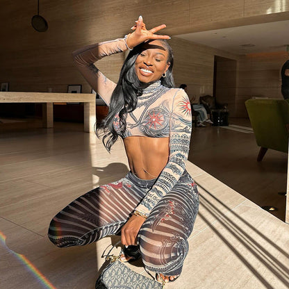 Spring Summer Print Round Neck Cropped Long Sleeve Skinny Pants Set