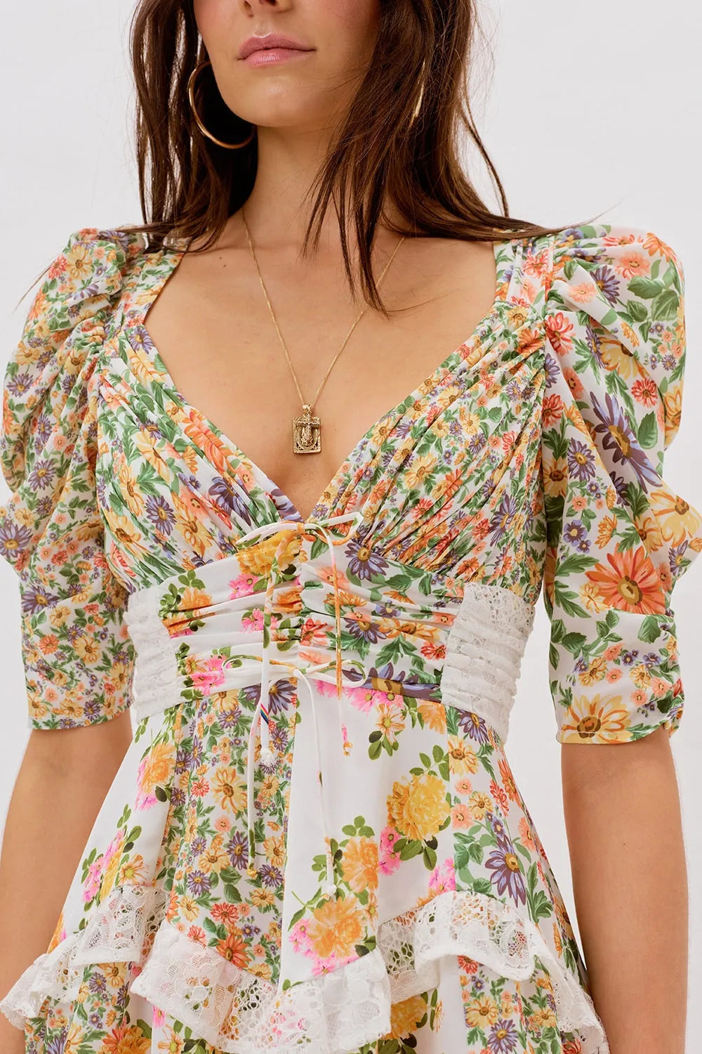 V-neck Puff Sleeve Ruffle Hem Mini Dress Yellow