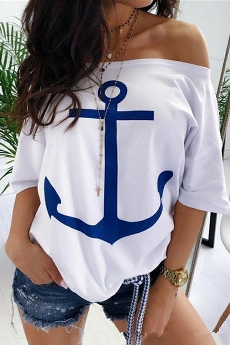 Street Print Patchwork Off the Shoulder T-shirts(3 Colors)