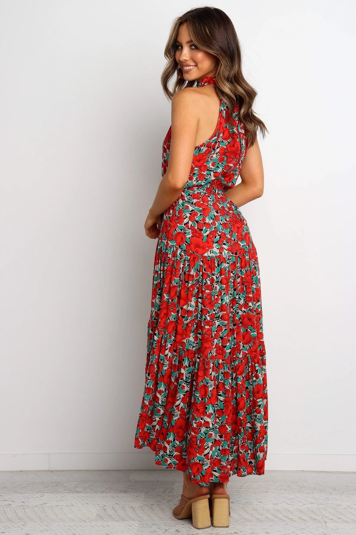Halter Neck Large Hemline Maxi Dress Red