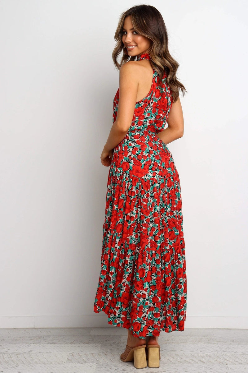 Halter Neck Large Hemline Maxi Dress Red
