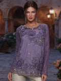 Comstylish Elegant Glitter Purple Roses Embroidered Linen Tunic