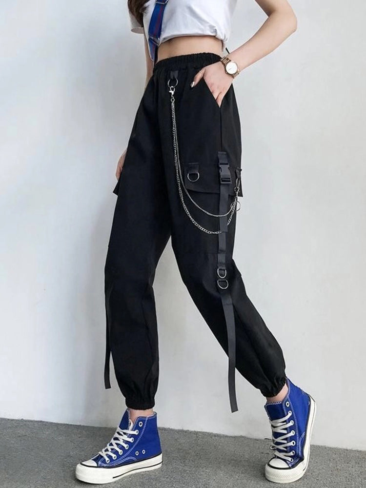 Cargo Pants Harem Pants Punk Pockets Jogger Trousers With Chain Harajuku Elastics High Waist