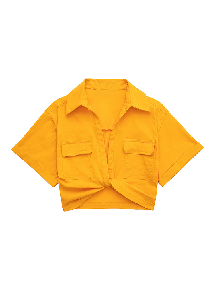 Safari Style Pockets Patch Knotted Linen Short Smock Blouse Lady Kimono Cropped Shirt Blusas Tops
