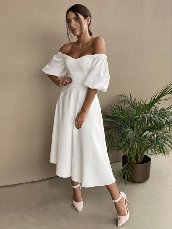 Midi Dress Bateau Neck Half Sleeves Semi Formal Party Dress