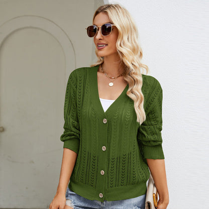 Dignified Hollow Out Cutout Knitted Cardigan Outer Wear Clothing All Matching V Neck Sweater