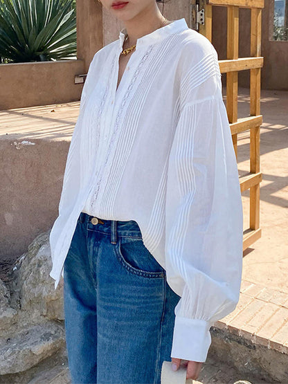 Long Sleeves Loose Buttoned Pleated Color Split-joint Stand Collar Blouses&shirts Tops