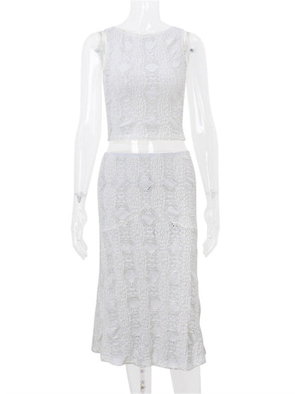 Tossy White 2 Piece-set Long Skirt Hollow Out Patchwork Cropped Tank Top and Maxi Skirt Sets Female Outfits