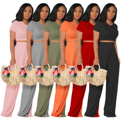 ’s Color Cropped Outfit Bell-bottom Pants Two-piece Suit – Set