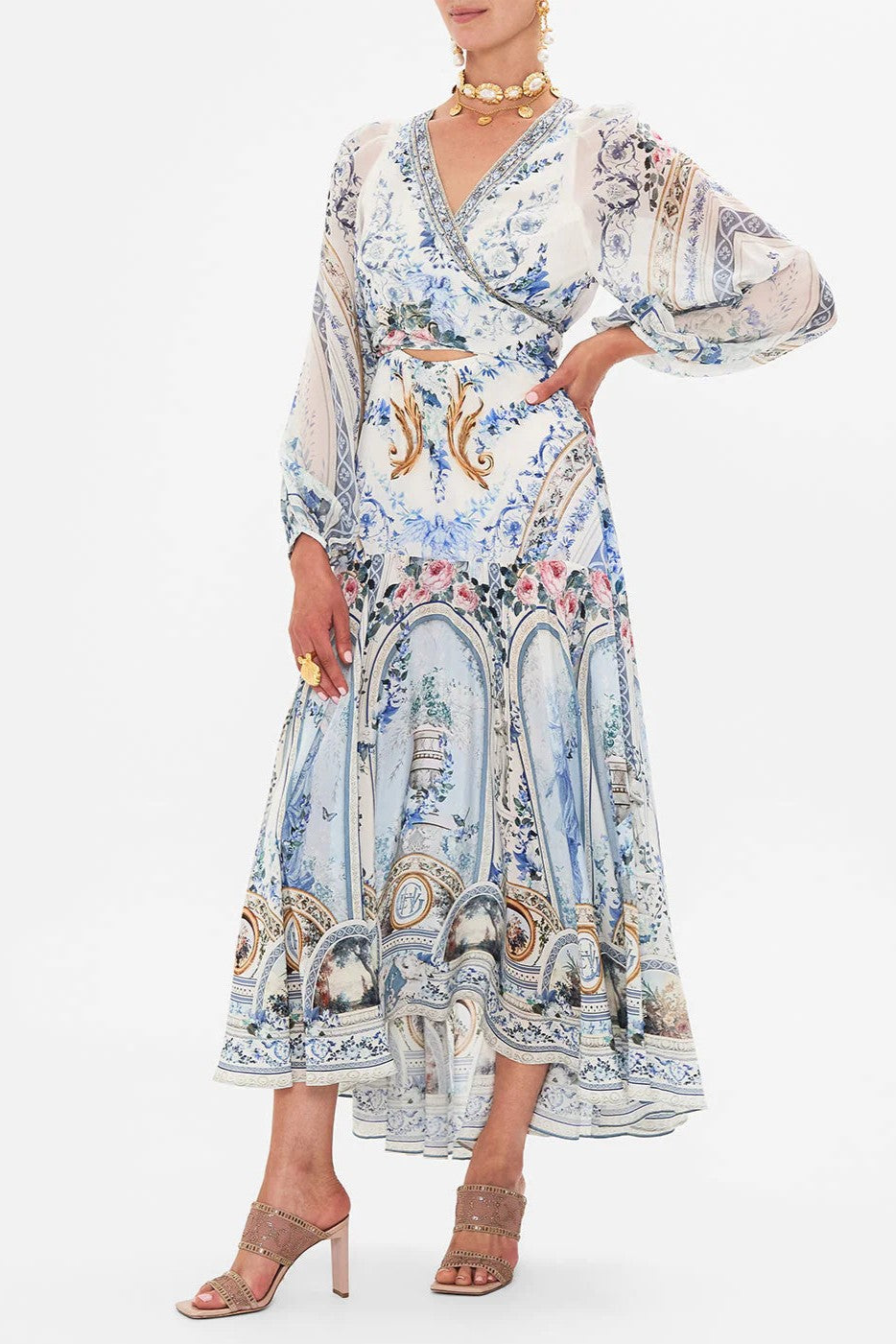 V-neck Lantern Sleeve Midi Dress