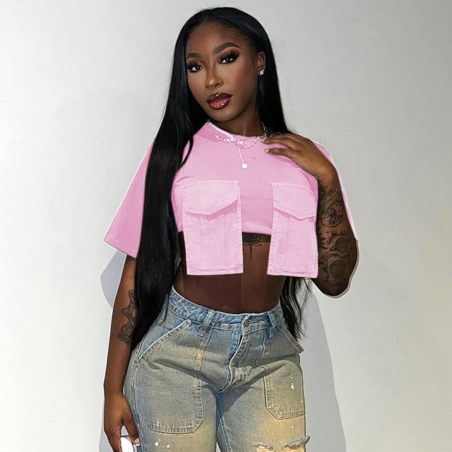 Cargo Pockets Green T-shirts O-neck Short Sleeve Slim Crop Tops Summer Female Tees