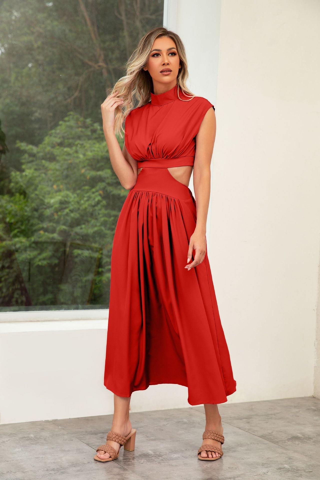 Self Made Real Shot Summer Sweet Stand Collar Macaron Color Cropped Outfit Maxi Dress