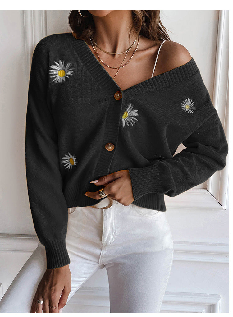 Sweet Clothing Small Chrysanthemum Embroidery V Neck Sweater Coat Autumn Winter Loose Knitted Cardigan