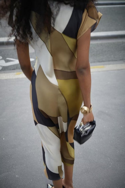 Spring Silk Satin Texture Printed Midi Dress
