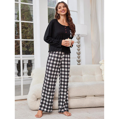 Pajamas Spring Autumn Plaid Long Sleeve Cardigan Homewear Two Piece Set