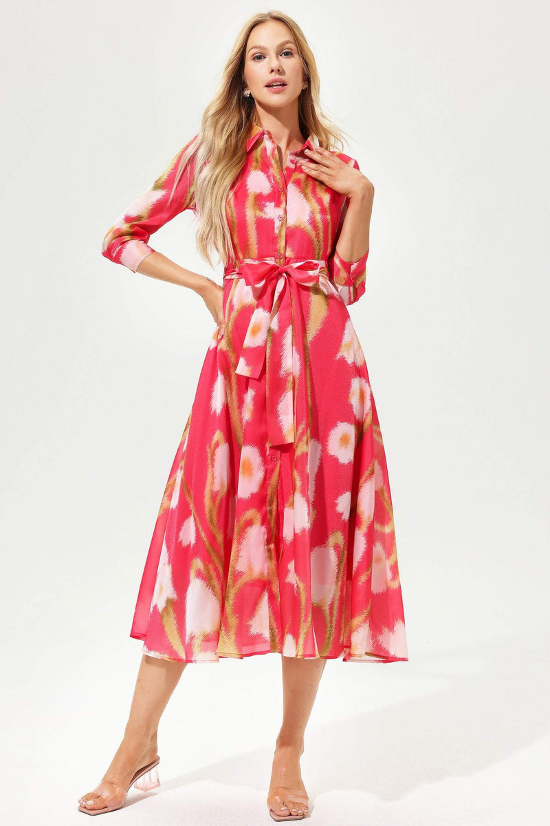 Mid Sleeve Lapel Lace Up Midi Dress