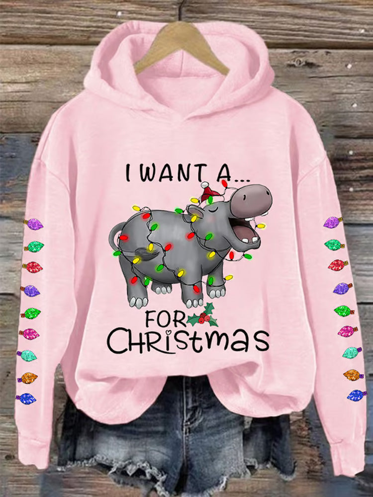 Comstylish Women's I Want A Cute Hippopotamus For Christmas Holiday Gift Casual Hoodie