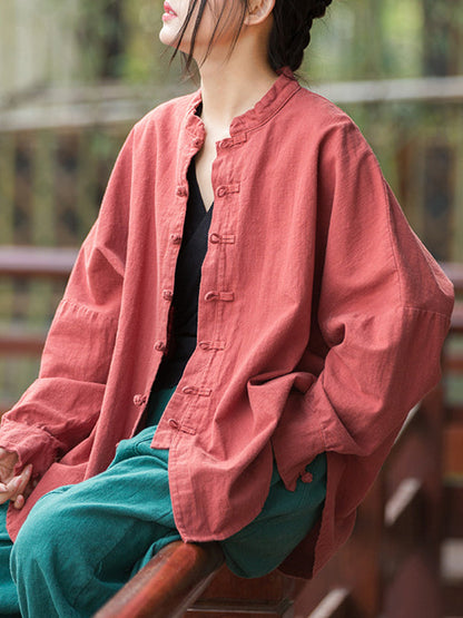 Batwing Sleeves Loose Chinese Frog Buttons Pleated Color Split-joint Stand Collar Blouses