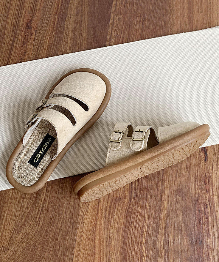 Handmade Comfy Hollow Out Beige Suede Slide Sandals Oi049