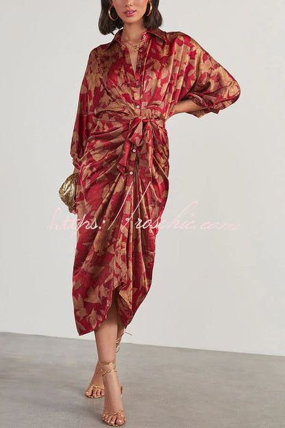 And Charming Satin Adjustable Waist Tie Button Draped Shirt Midi Dress