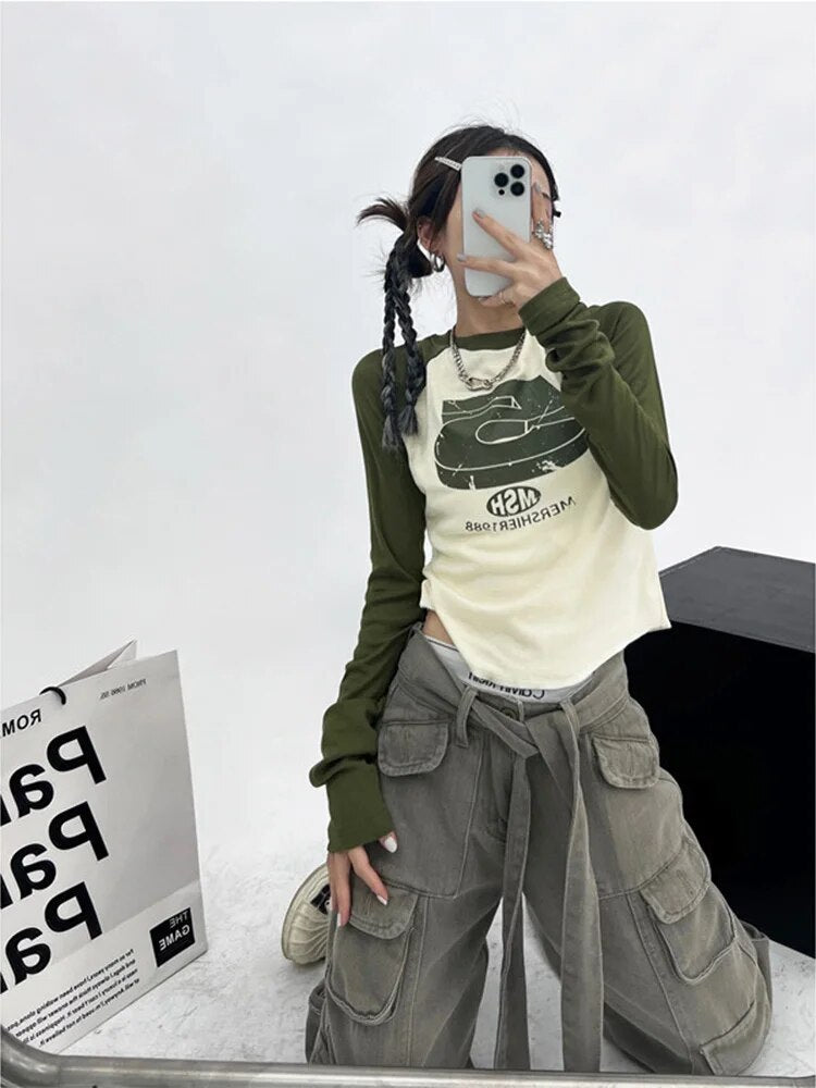 Y2k Patchwork Green Tshirts Hippie Long Sleeve T Shirts Female Kpop Retro Autumn Crop Tops