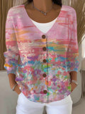 Women's Casual Pink Oil Painting Cardigan artswardrobe