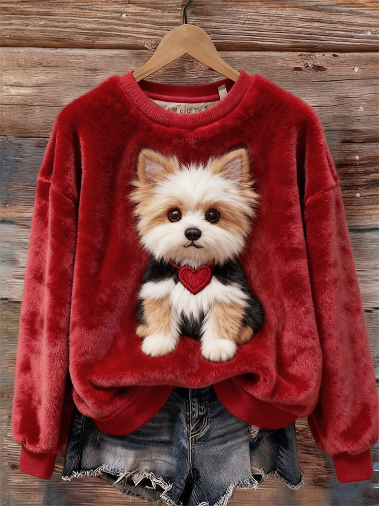 Lovely Fuzzy Dog & Heart Cozy Plush Sweatshirt