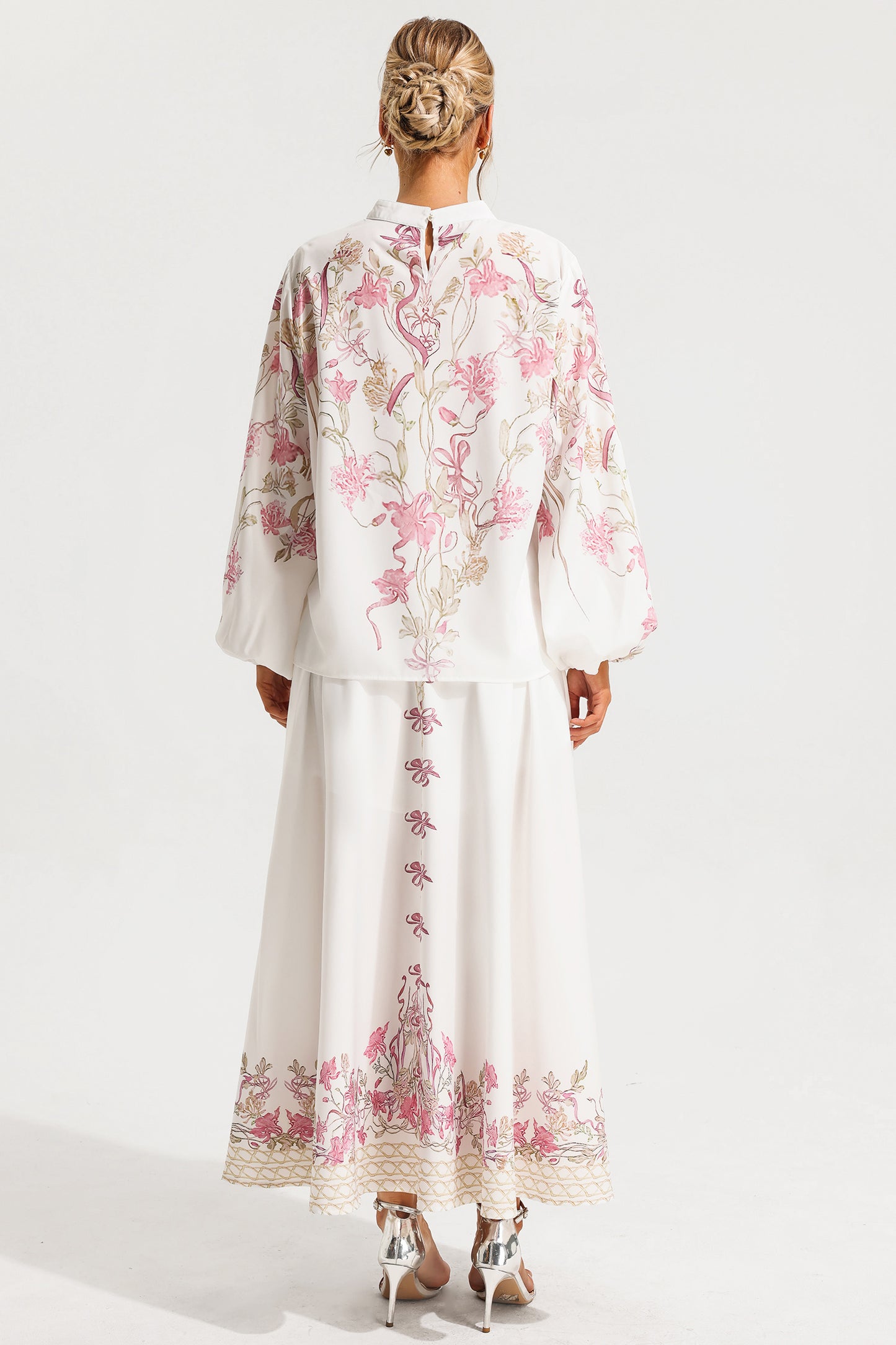 Puff Sleeve Top ?bow High Waist Maxi Skirt Set