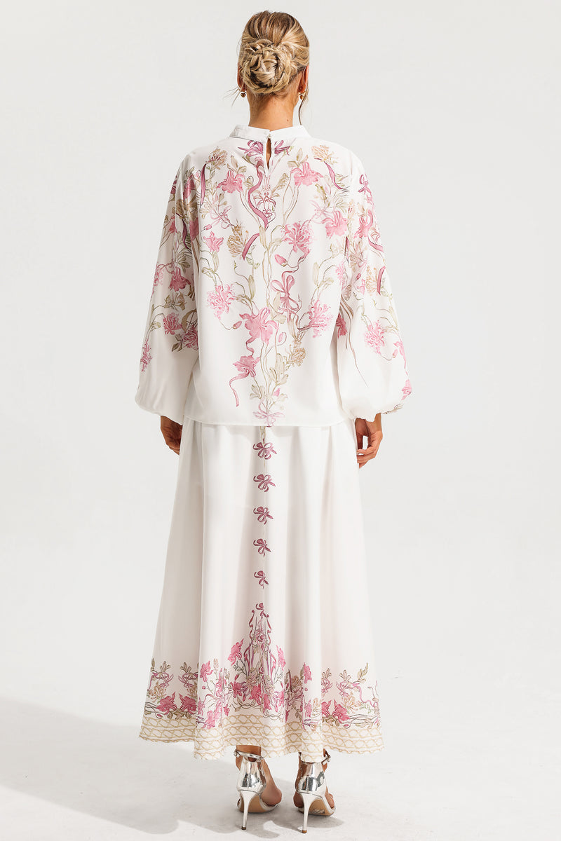 Puff Sleeve Top ?bow High Waist Maxi Skirt Set