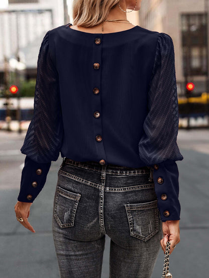Fall Winter Color Round Neck Button Long Sleeve Blouse Top