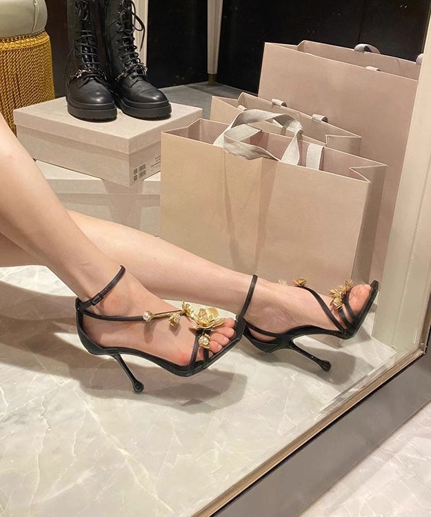 Black French Decorated Splicing High Heel Sandals Kj028
