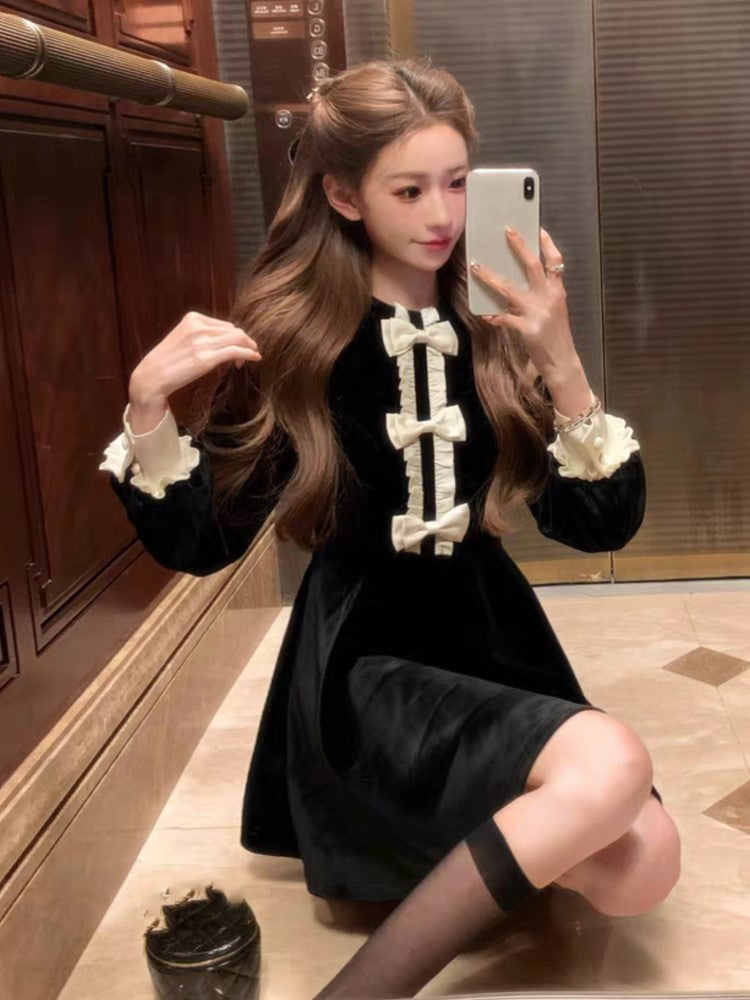 Patchwork Velet Mini Dress Bow Long Sleeves O-neck A-line Autumn French Evening Party Vestidos Mujer New