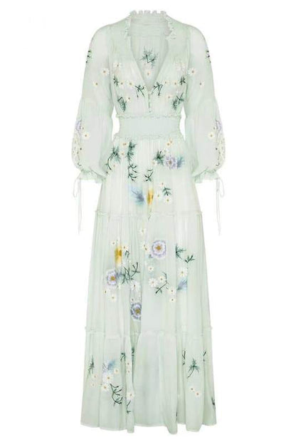 Cecilia Embroidered V-neck Shirred Maxi Dress