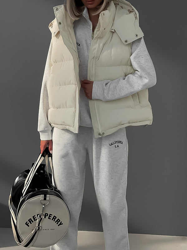 Loose Sleeveless Drawstring Split-joint Zipper Hooded Padded Vest