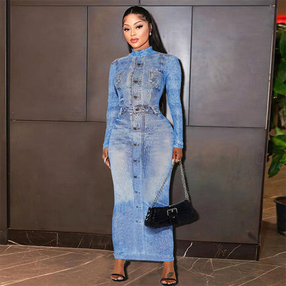 Long Sleeve O-neck Fake Jean 3d Printed Bodycon Midi Maxi Dress Clubwear Evening Party Dresses Vestidos