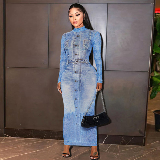 Long Sleeve O-neck Fake Jean 3d Printed Bodycon Midi Maxi Dress Clubwear Evening Party Dresses Vestidos