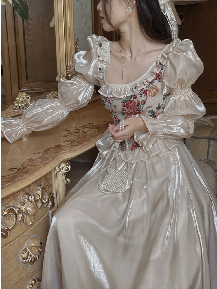 French Midi Dress Patchwork Puff Sleeve Ruffles A-line Autumn Spring Evening Party Prom Robe Vestidos Mujer