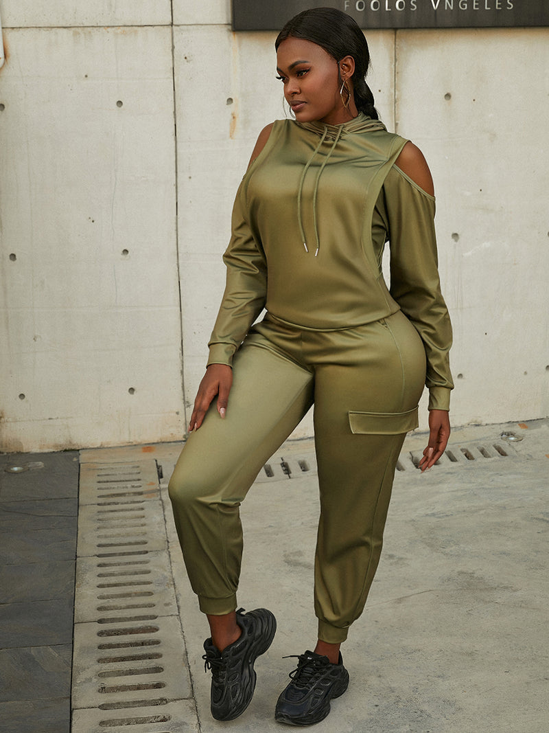 Hooded Collar Cut Out Side Pocket Tracksuit Set Autumn Winter Round Neck Long Sleeve Two Pieces Pants Sets for