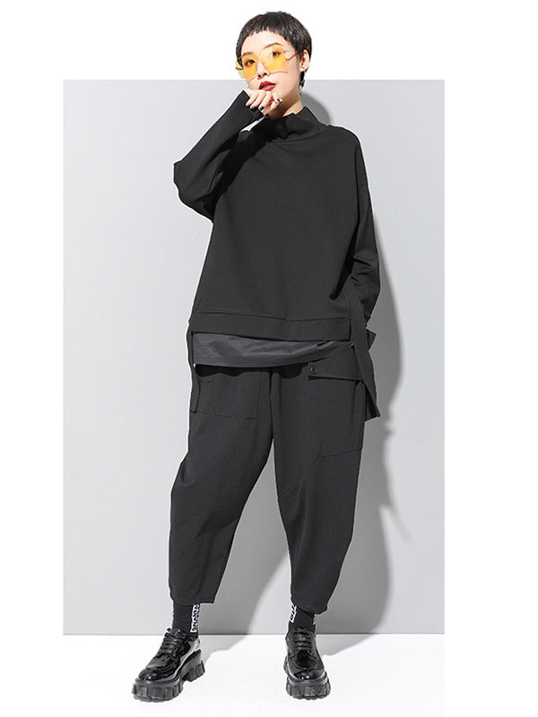 Black False-two Split-joint High-neck Sweatshirt T-shirt
