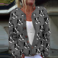 Comstylish Boston Terrier Lazy Puppy Applique Wool Felt Art Cozy Cardigan Sweater