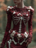 Women Halloween Skeleton Rose Ancient Blood Red Dress artswardrobe