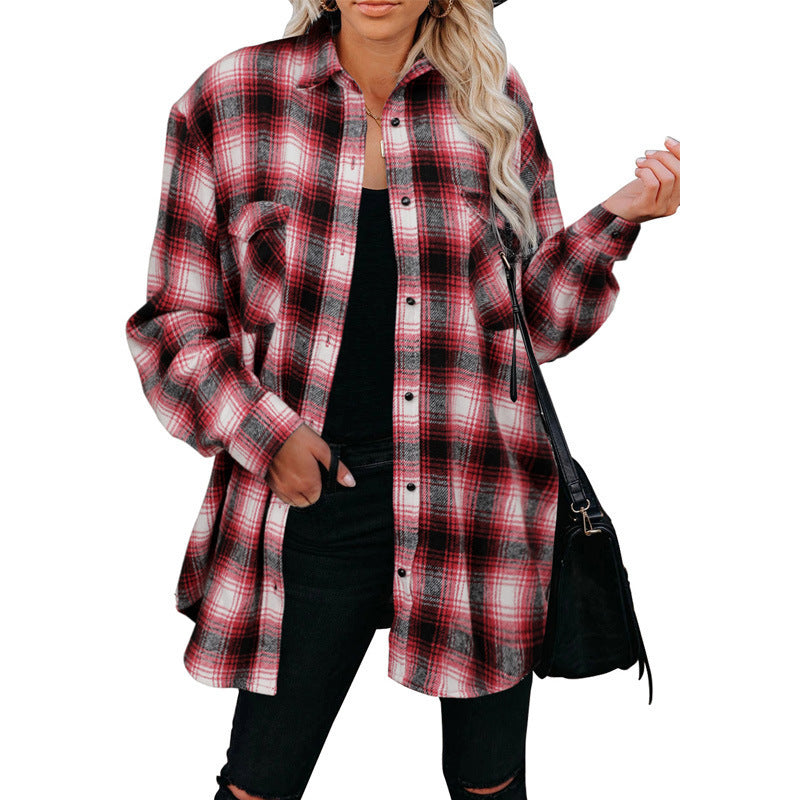 Clothing Autumn Winter Plaid Shirt Mid-length Loose Lapels Cardigan Shirt