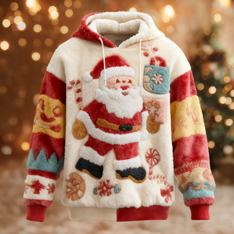 Comstylish Cute Santa Claus Striped Holiday Plush Hoodie For Men