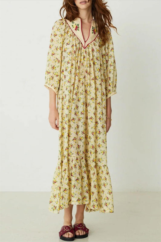 Embroidered Frill Midi Dress