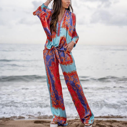 Spring Summer Clothing Printed Long Sleeved Top Straight Pants Suit