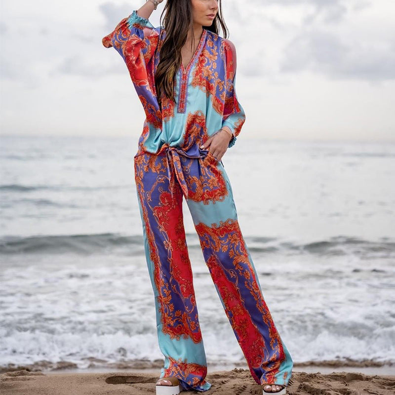Spring Summer Clothing Printed Long Sleeved Top Straight Pants Suit